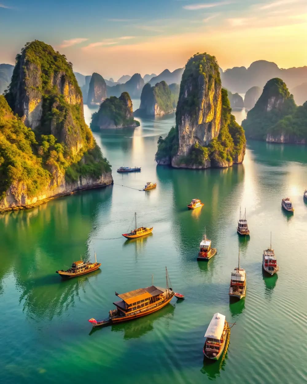 Junks at first light on Lan Ha Bay