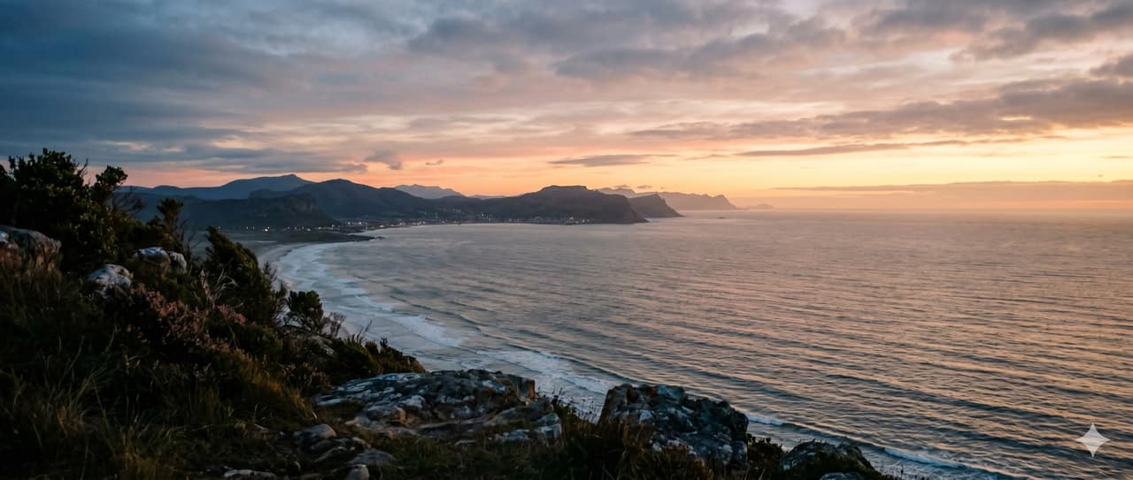 A coastline at dawn, mountains soft in the distance over a calm bay