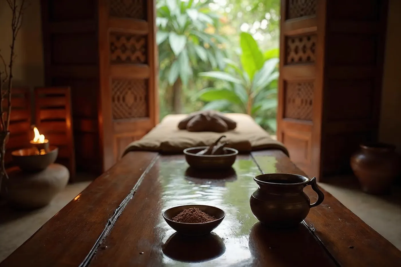 Dawn light in a teak-floored Ayurvedic treatment room in a Sri Lankan retreat, with oil-warmed massage table and brass bowls of herbs