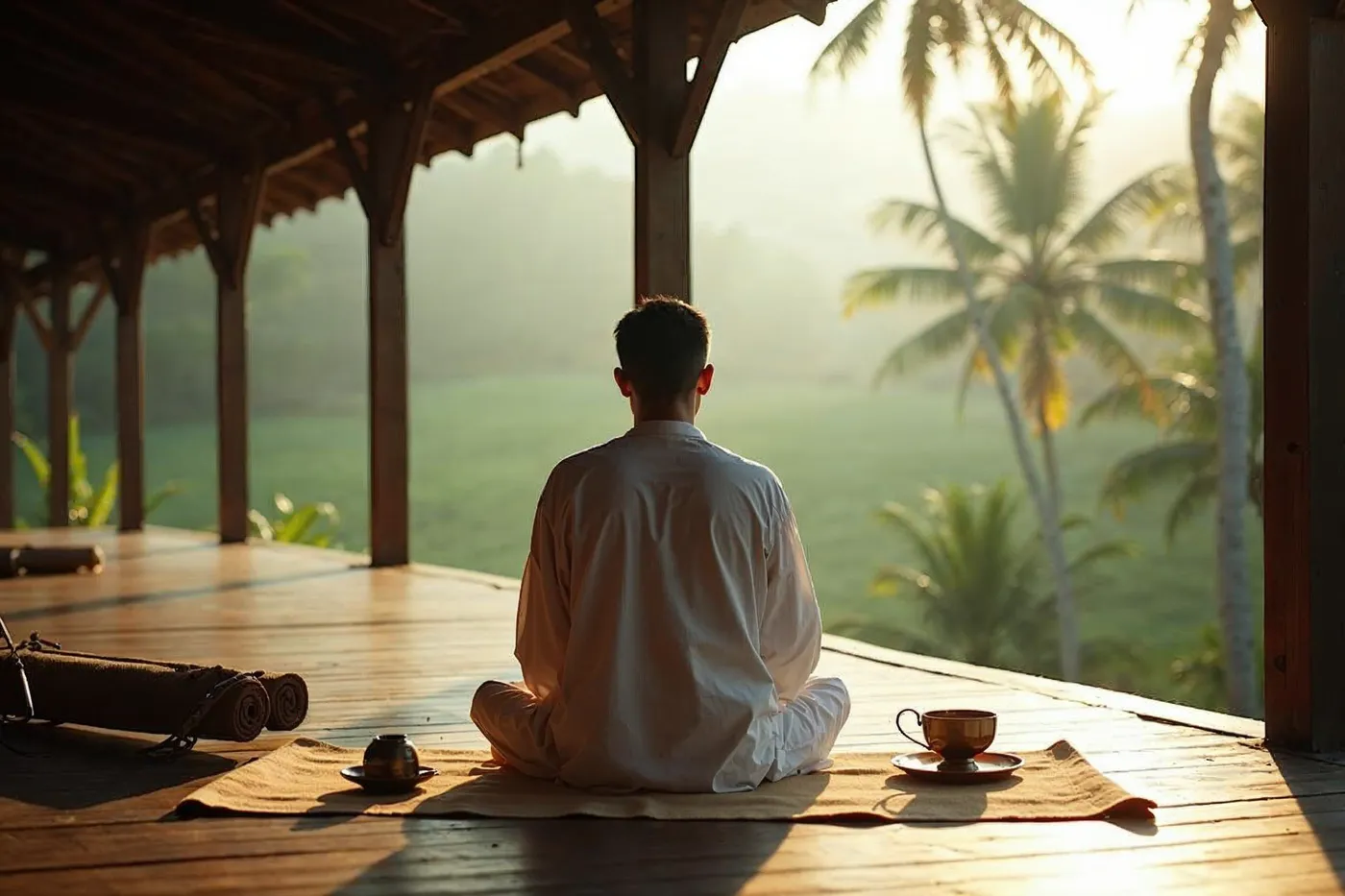 A retreat guest seen from behind meditating at dawn on a teak verandah in Sri Lanka, evoking the daily rhythm of an Ayurvedic week