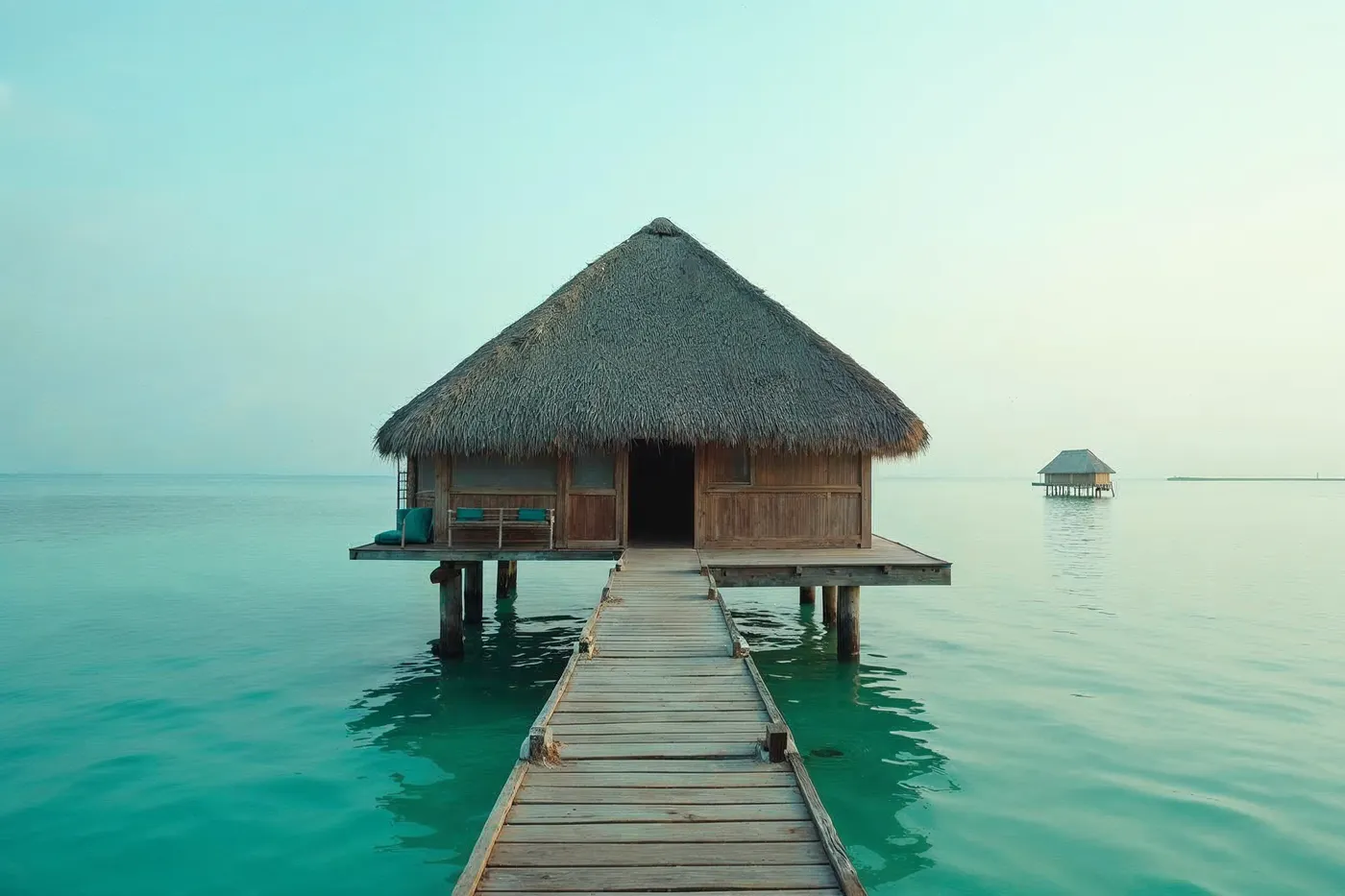 A secluded thatched overwater villa above a calm turquoise Maldivian lagoon at dawn