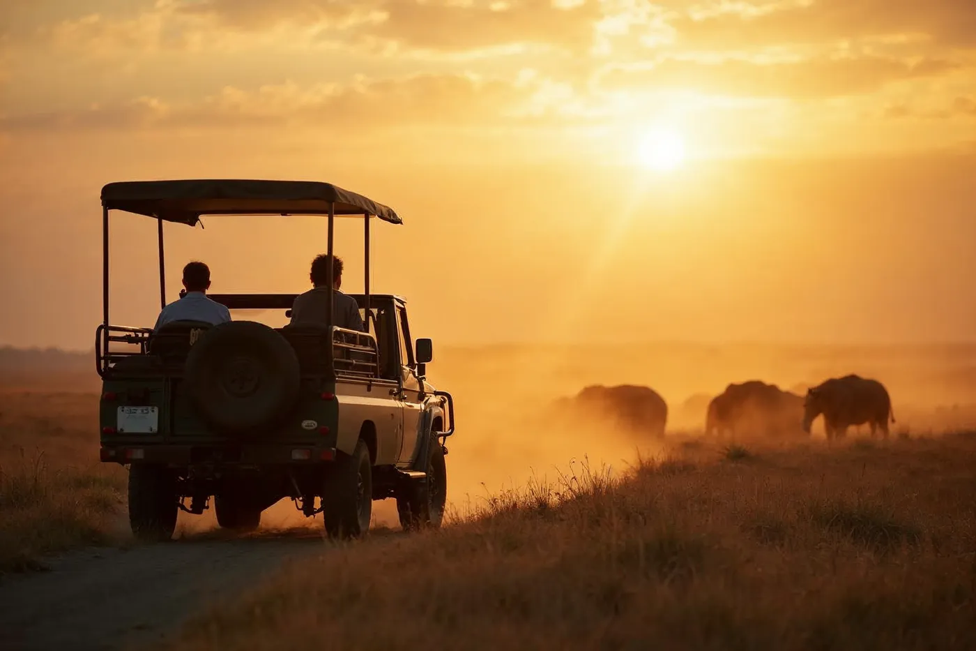 A couple watching elephants cross the Maasai Mara savanna from a safari vehicle at golden hour