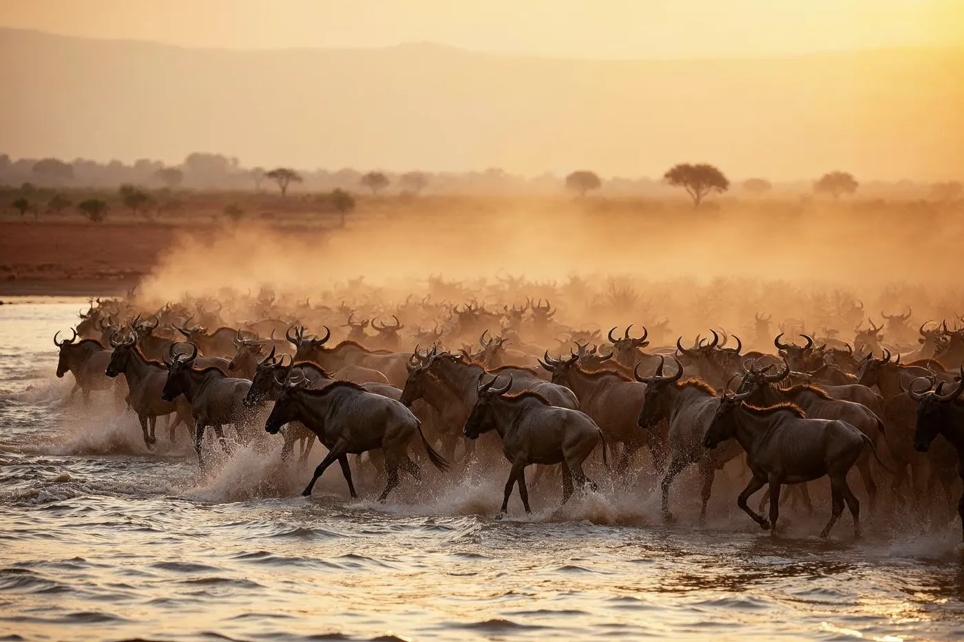 Wildebeest crossing the Mara River during the Great Migration in Kenya's Maasai Mara