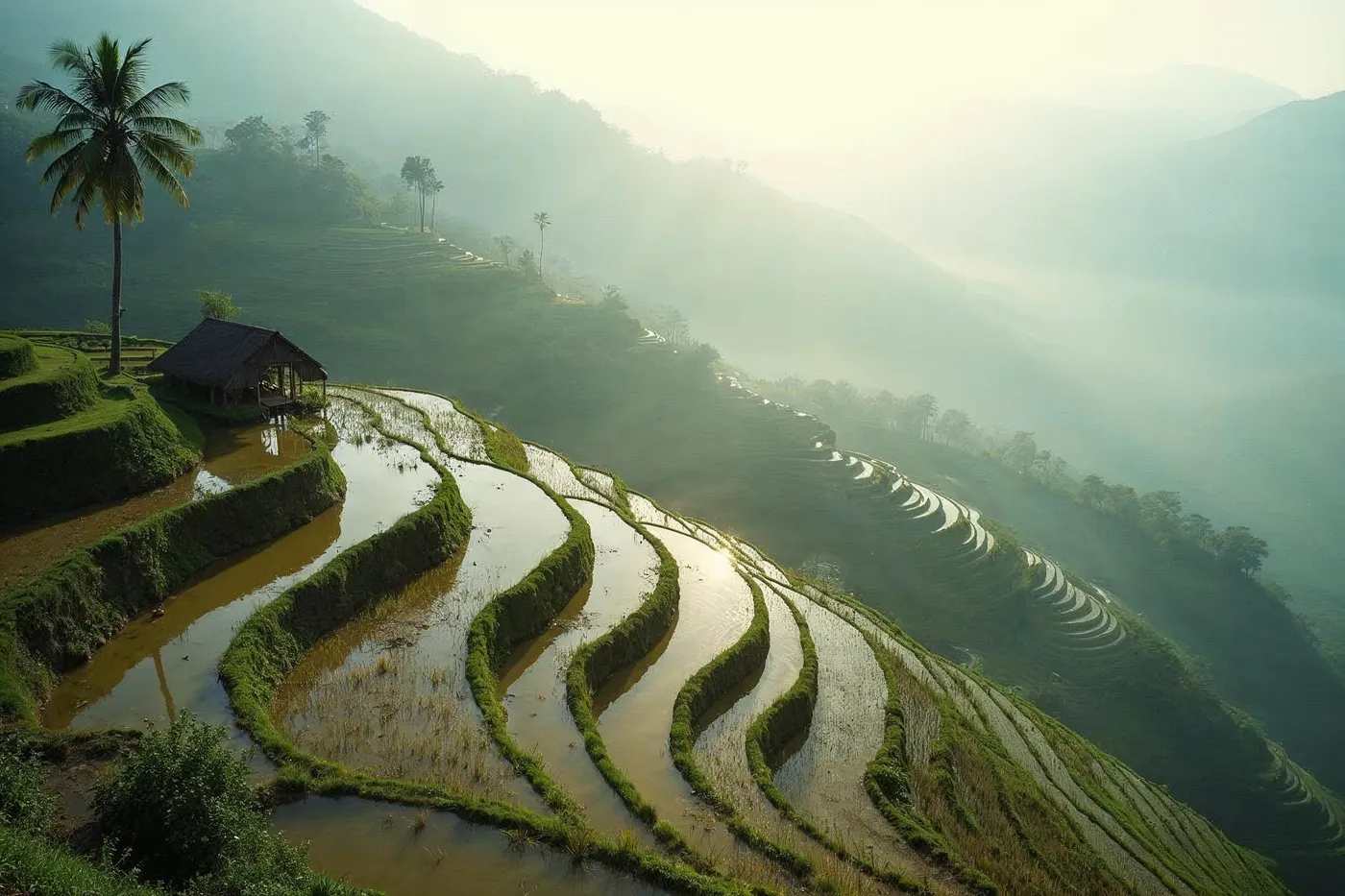 Mist lifting off the Jatiluwih rice terraces in central Bali at dawn in early dry season