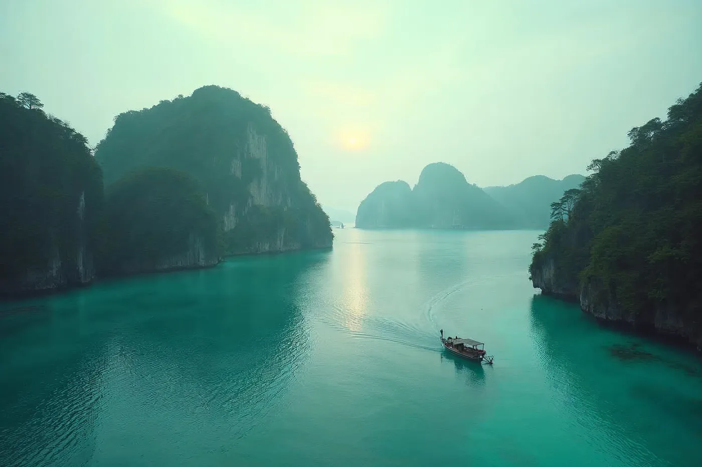 Limestone karst islands and a wooden outrigger on the calm emerald waters of Raja Ampat at dawn