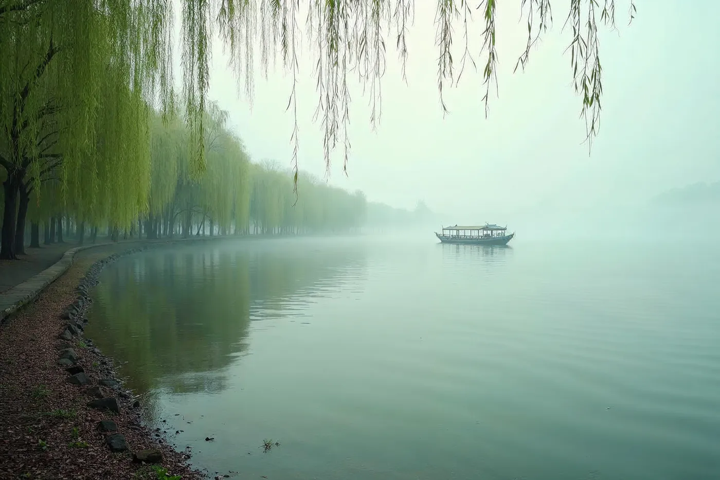 Misty spring morning over the willow-lined Bai Causeway at West Lake in Hangzhou, soft early light and faint blossom