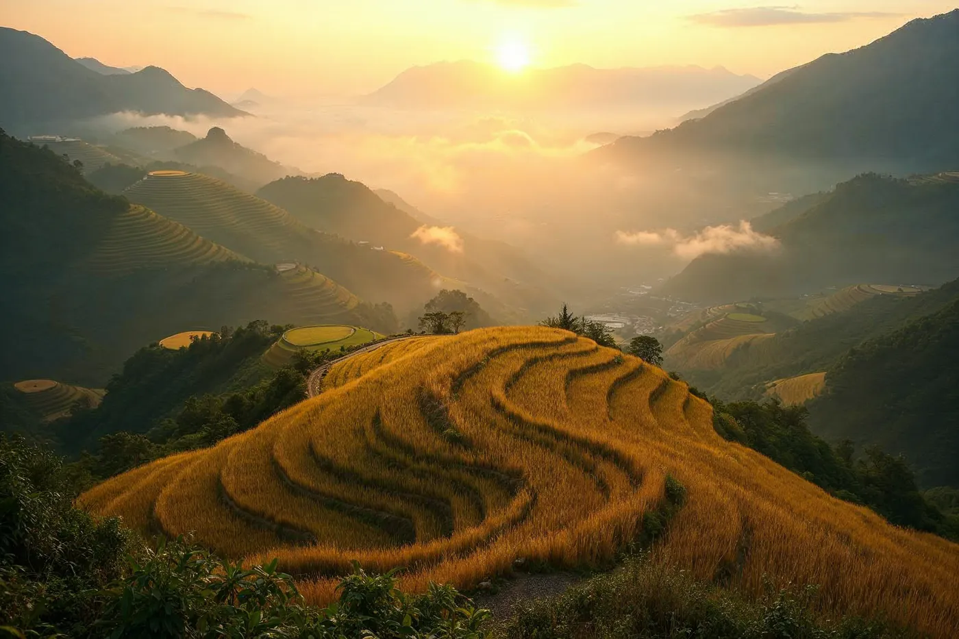 Longji rice terraces near Guilin at golden autumn dusk, curving paddies and karst ridges in warm low light