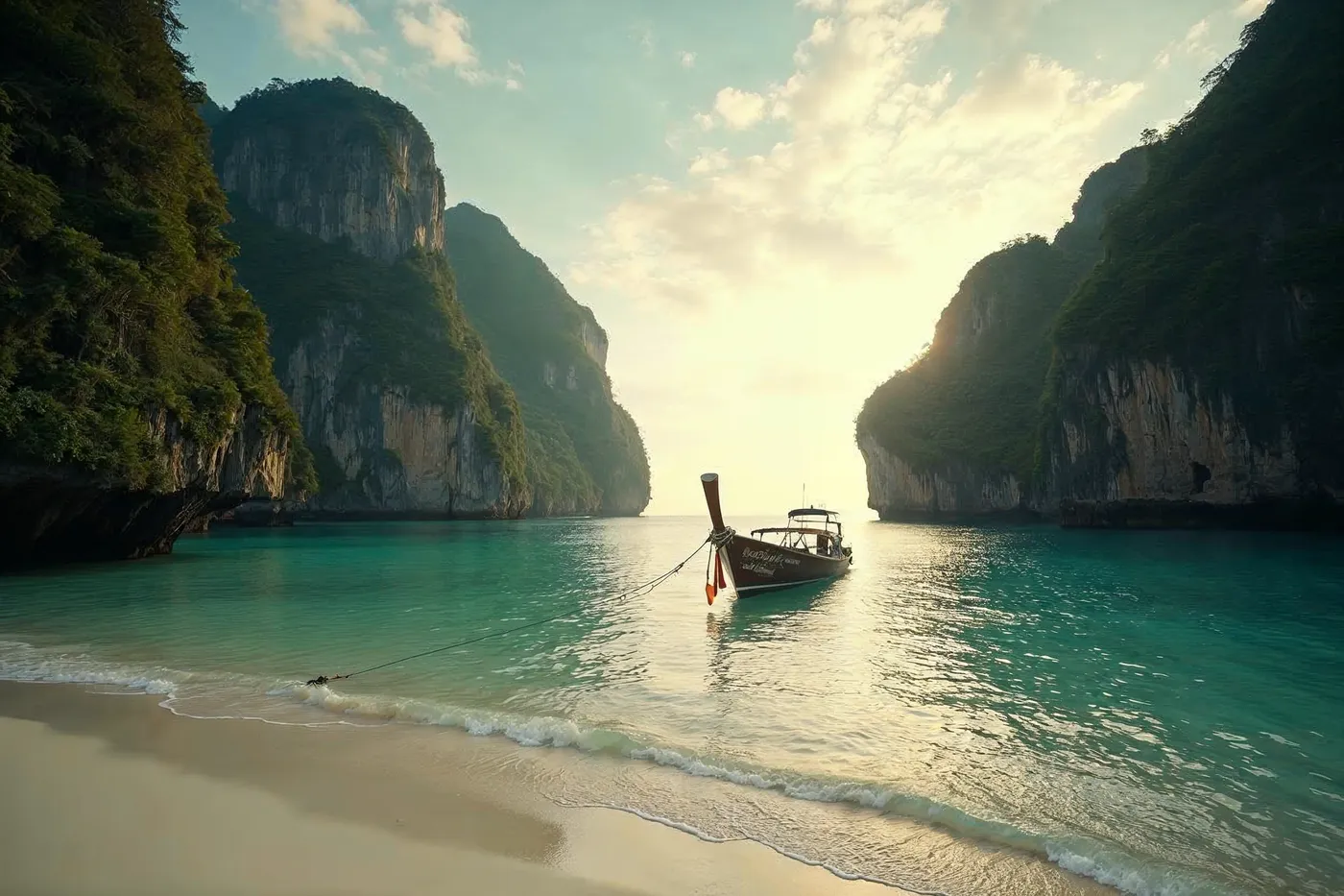 A longtail boat moored in a calm Andaman cove ringed by jungle-draped limestone karsts at golden hour, evoking Thailand's two-coast seasonal timing.
