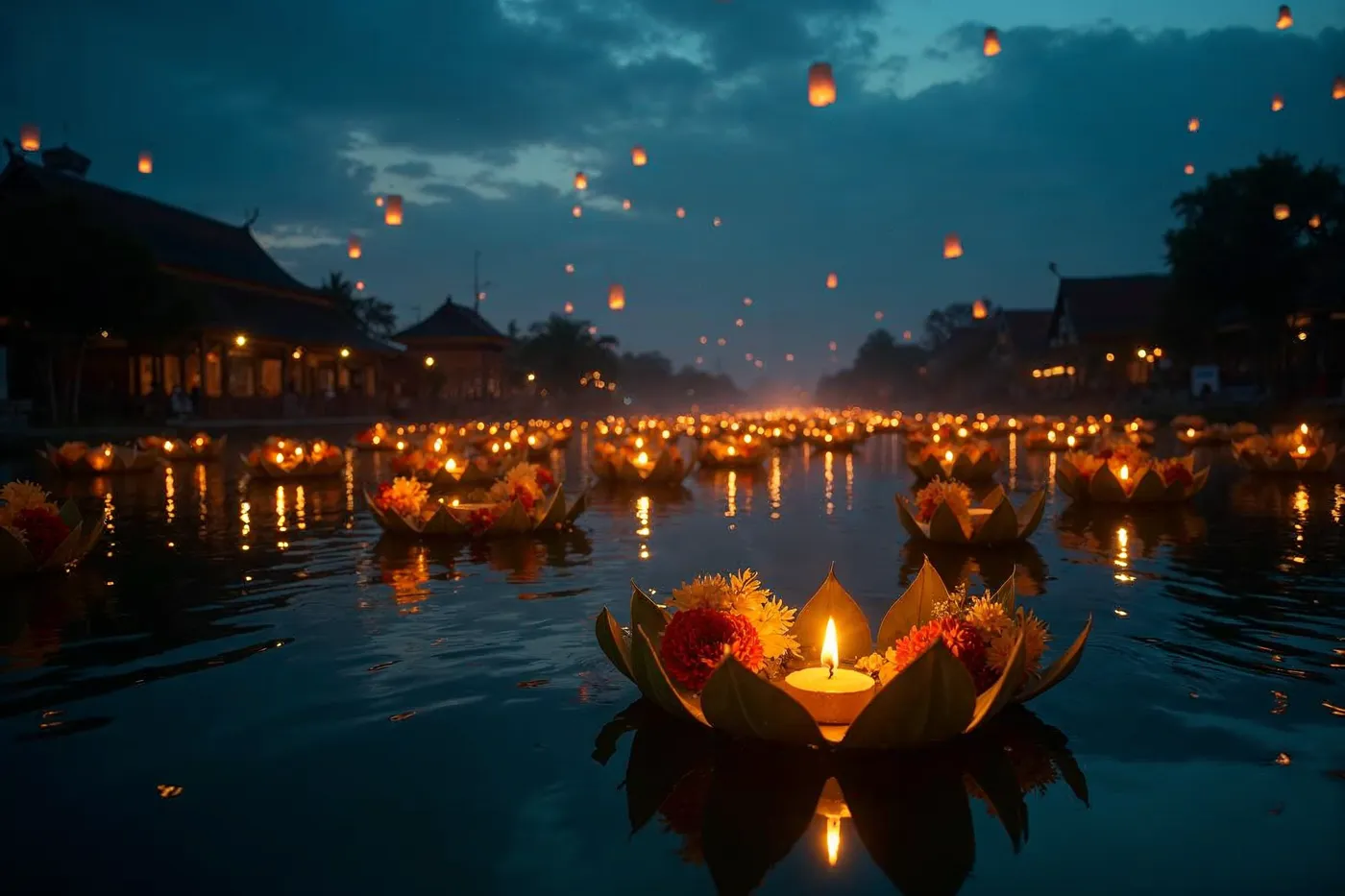 Candlelit floating krathong drifting across a still Chiang Mai river at dusk during Loy Krathong, with paper lanterns rising over silhouetted temple rooftops.