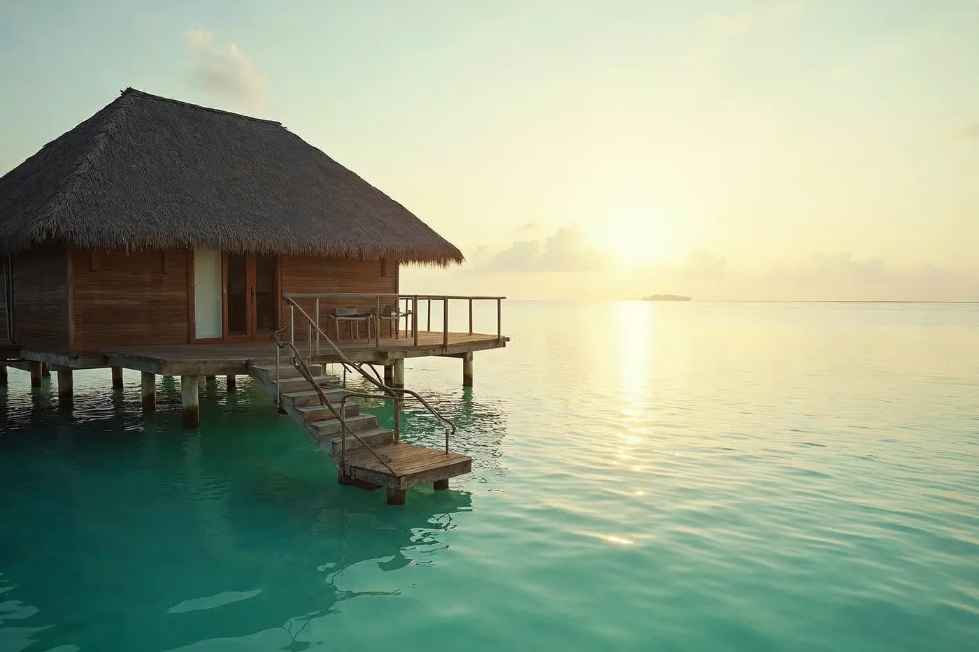 An overwater villa above a calm turquoise Maldivian lagoon under soft dry-season skies at golden hour