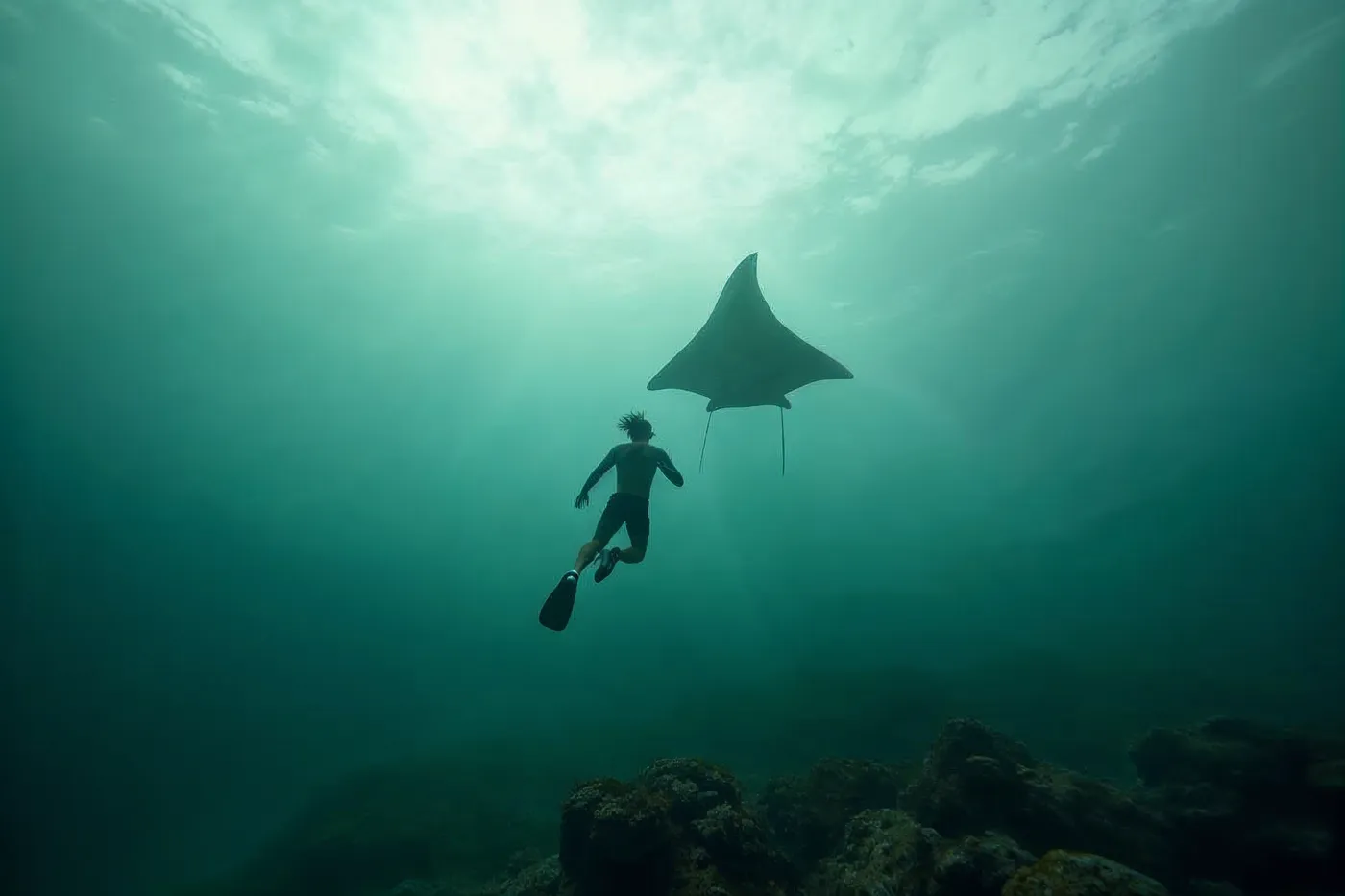 A snorkeler seen from behind drifting above a coral reef beside a manta ray in moody green-season Maldivian water