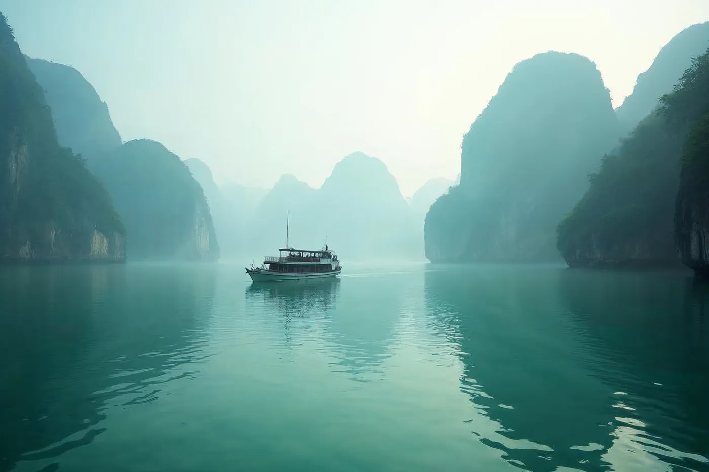 Misty limestone karsts and a solitary wooden cruise junk in the calm waters of Lan Ha Bay at dawn