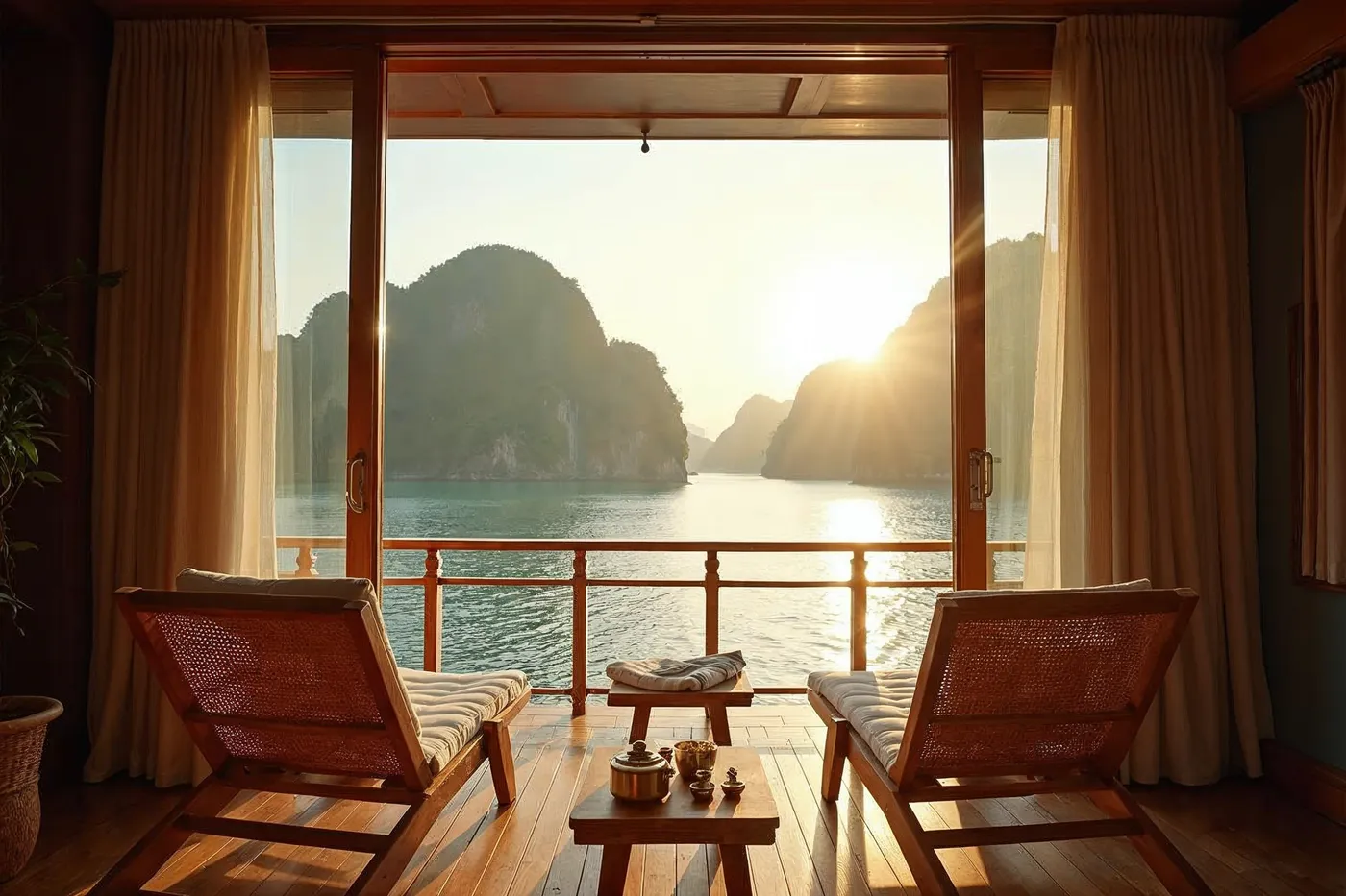 Teak private balcony of a luxury cruise cabin overlooking limestone karsts at golden hour