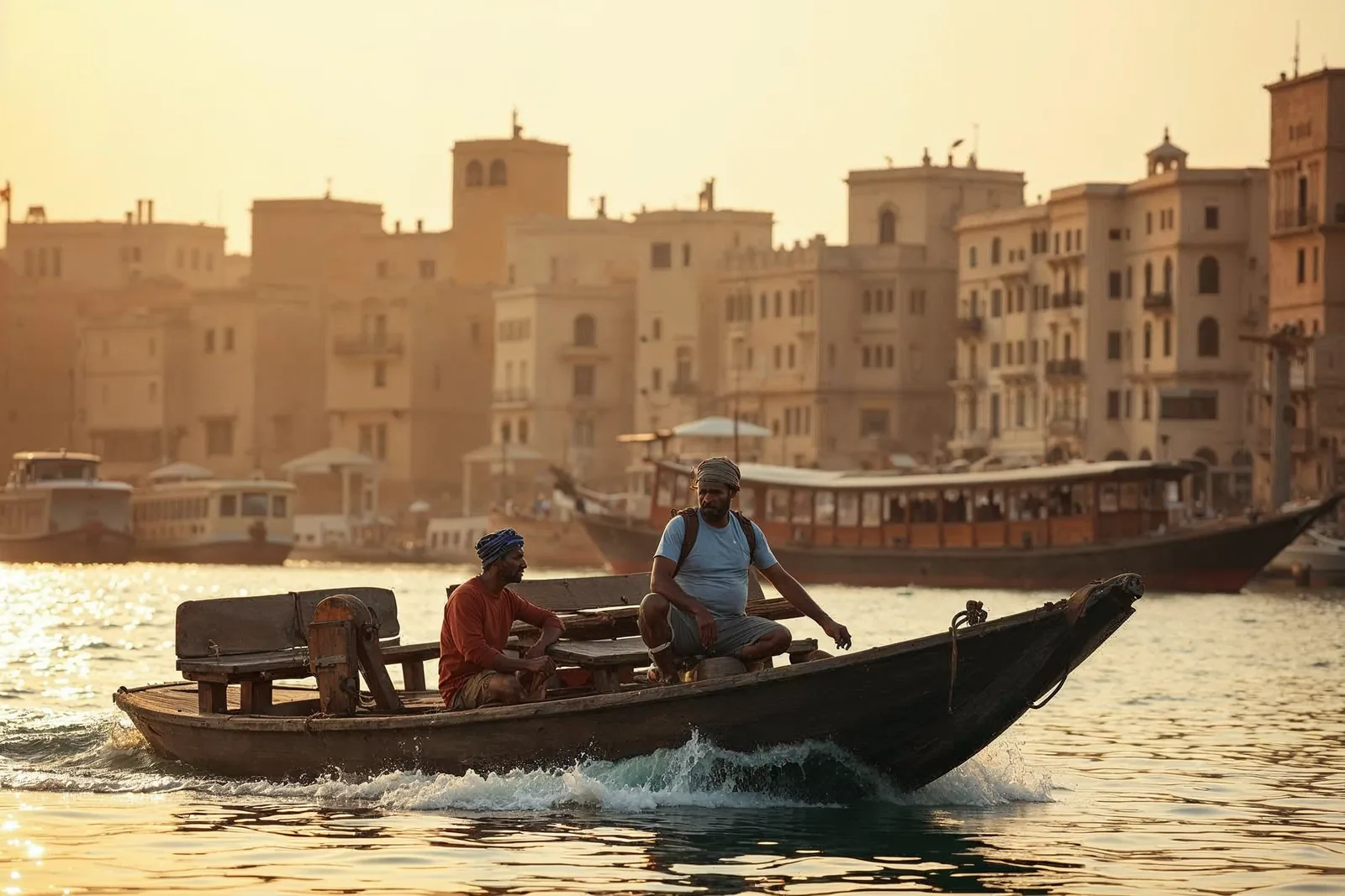 A wooden abra ferry crossing Dubai Creek at golden hour, with the restored coral-stone wind towers of the Al Fahidi historic quarter on the far bank