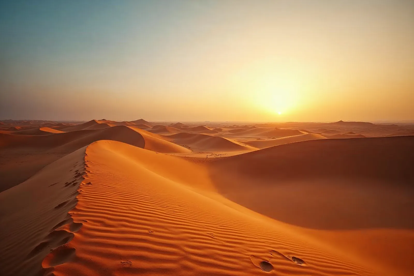 Empty Dubai desert dunes at golden hour, long sharp shadows across rust-and-ochre sand under a vast clear sky