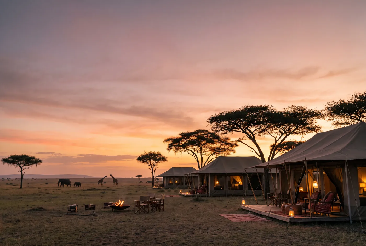 A luxury tented safari camp on the Maasai Mara at golden hour