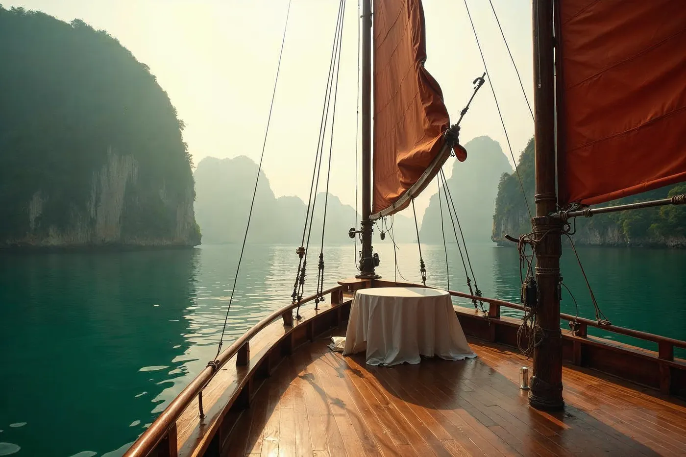 A private chartered junk boat moored alone among misty limestone karsts in Lan Ha Bay, Vietnam, at golden hour