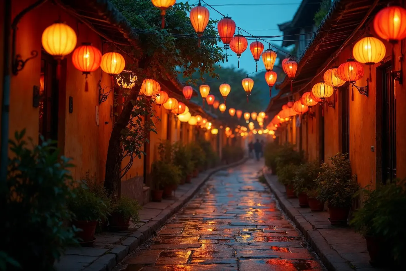 A lantern-lit lane of silk lanterns in Hoi An old town at blue-hour dusk