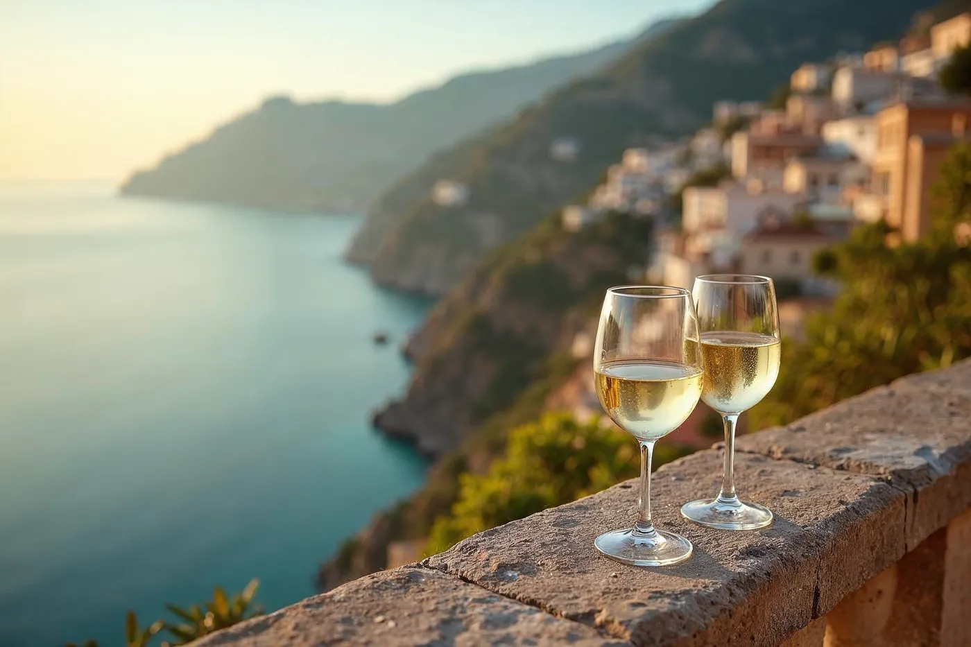 A wine glass on a stone terrace overlooking the Amalfi Coast at golden hour, evoking restful stillness after a day of discovery