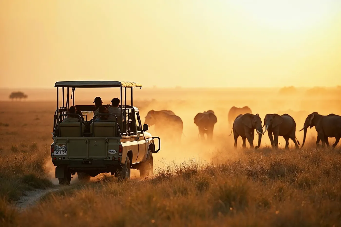 An open safari vehicle watching elephants cross the golden Maasai Mara plains at first light