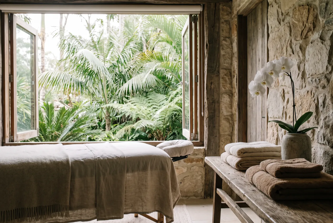 A serene spa treatment room open to tropical greenery at a luxury wellness retreat