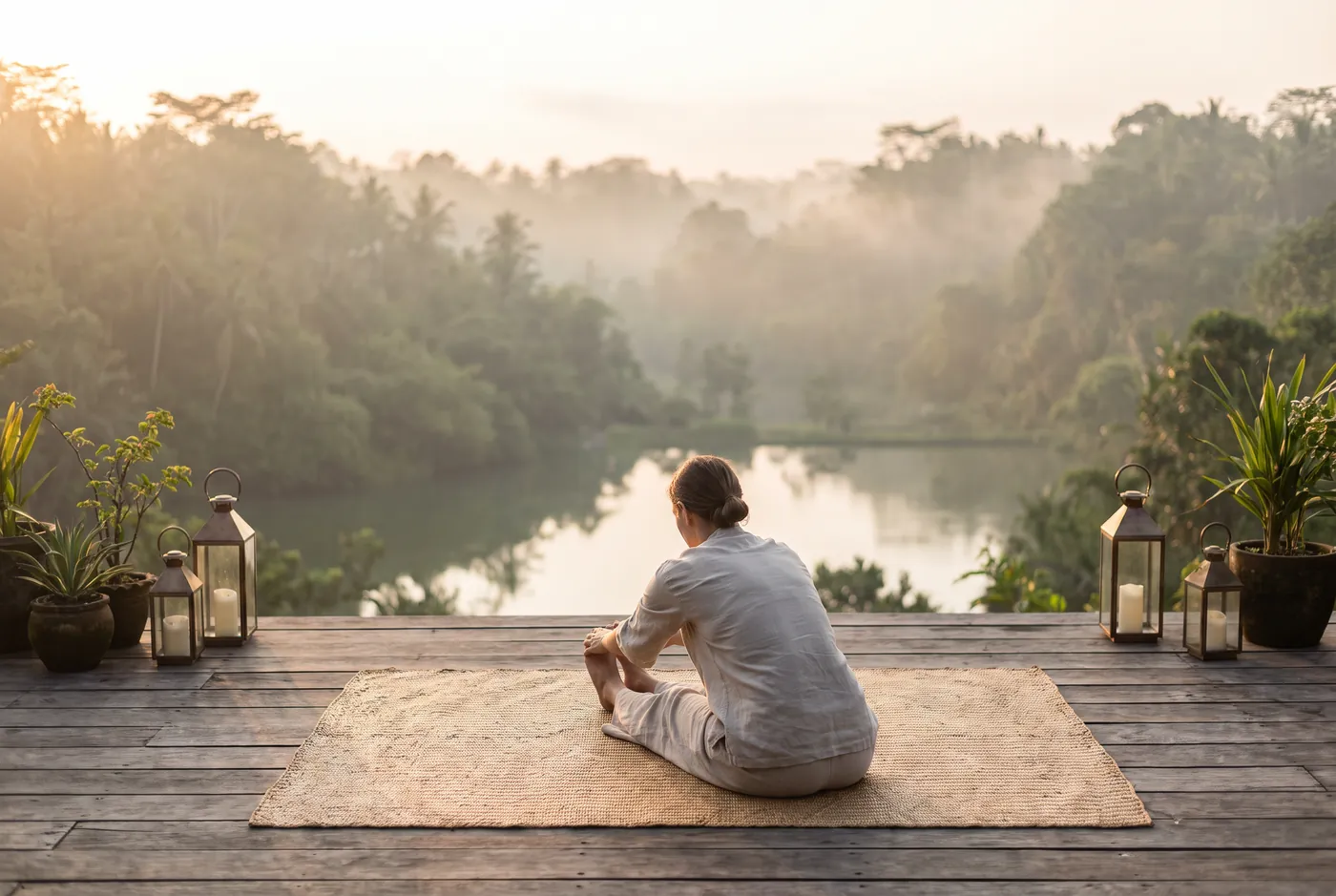 A guest at dawn on a yoga deck overlooking misty jungle at a luxury wellness retreat