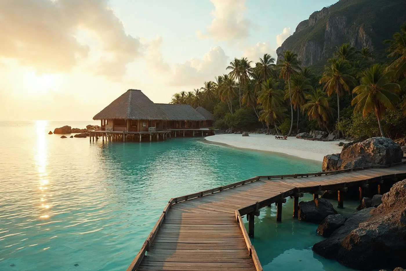 A Maldivian overwater villa on a turquoise lagoon contrasted with the granite boulders and jungle of a Seychelles beach