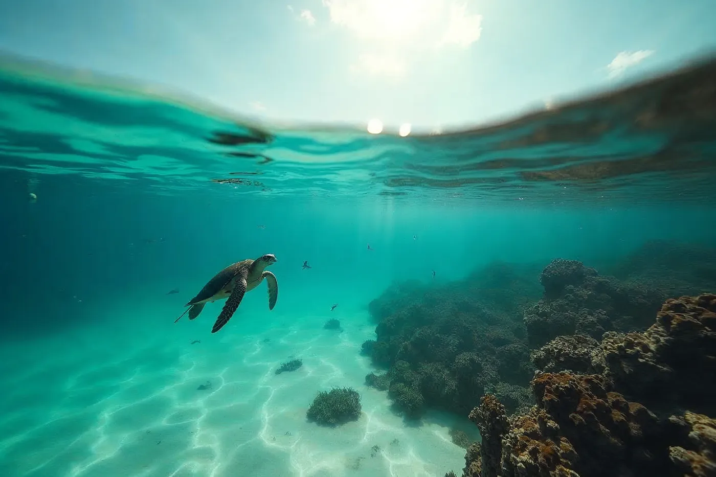 A half-submerged view of a Maldivian house reef showing a sea turtle and reef fish over sunlit coral