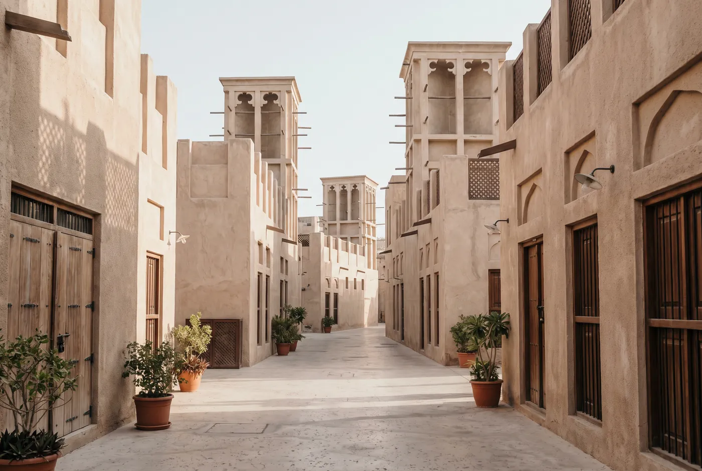 The quiet sand-coloured lanes and wind towers of the restored Al Fahidi quarter in Bur Dubai