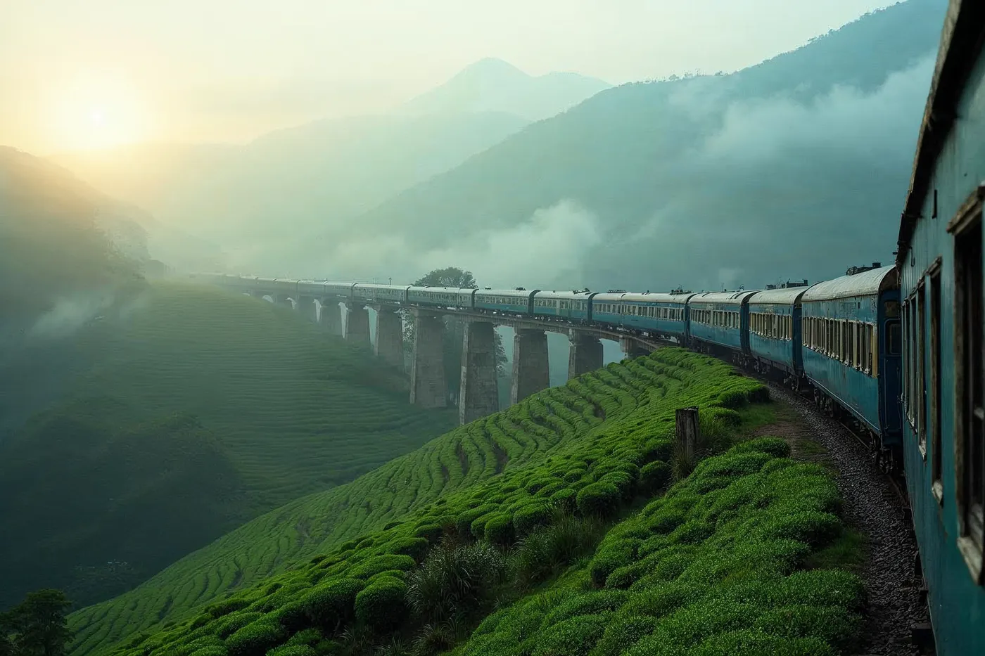 A vintage blue train crossing a viaduct through misty terraced tea estates in Sri Lanka's central highlands at dawn