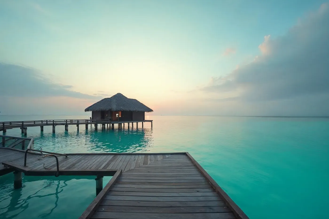 A Maldives overwater villa deck with a ladder into a still turquoise lagoon at dawn