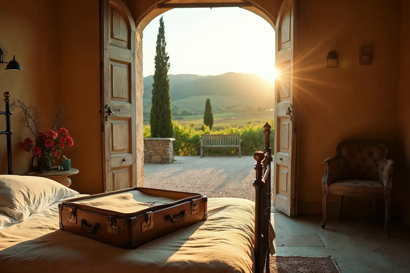Open shutters of a Tuscan farmhouse at golden hour with a half-unpacked suitcase, suggesting a long, settled stay