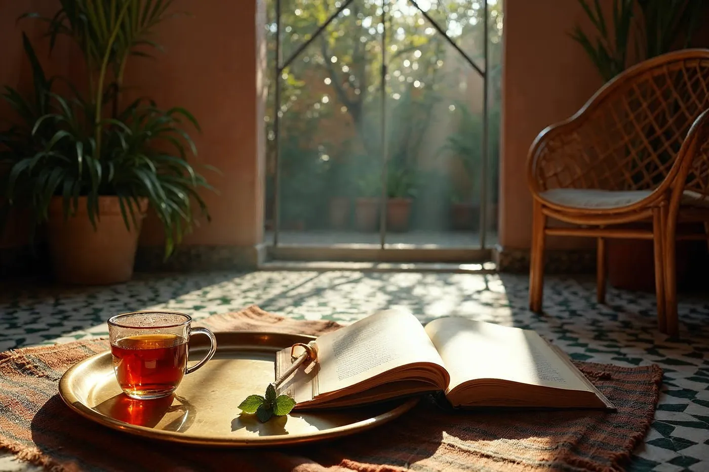 A shaded Marrakech riad courtyard in mid-afternoon with mint tea, an open book and an empty chair, evoking unhurried rest
